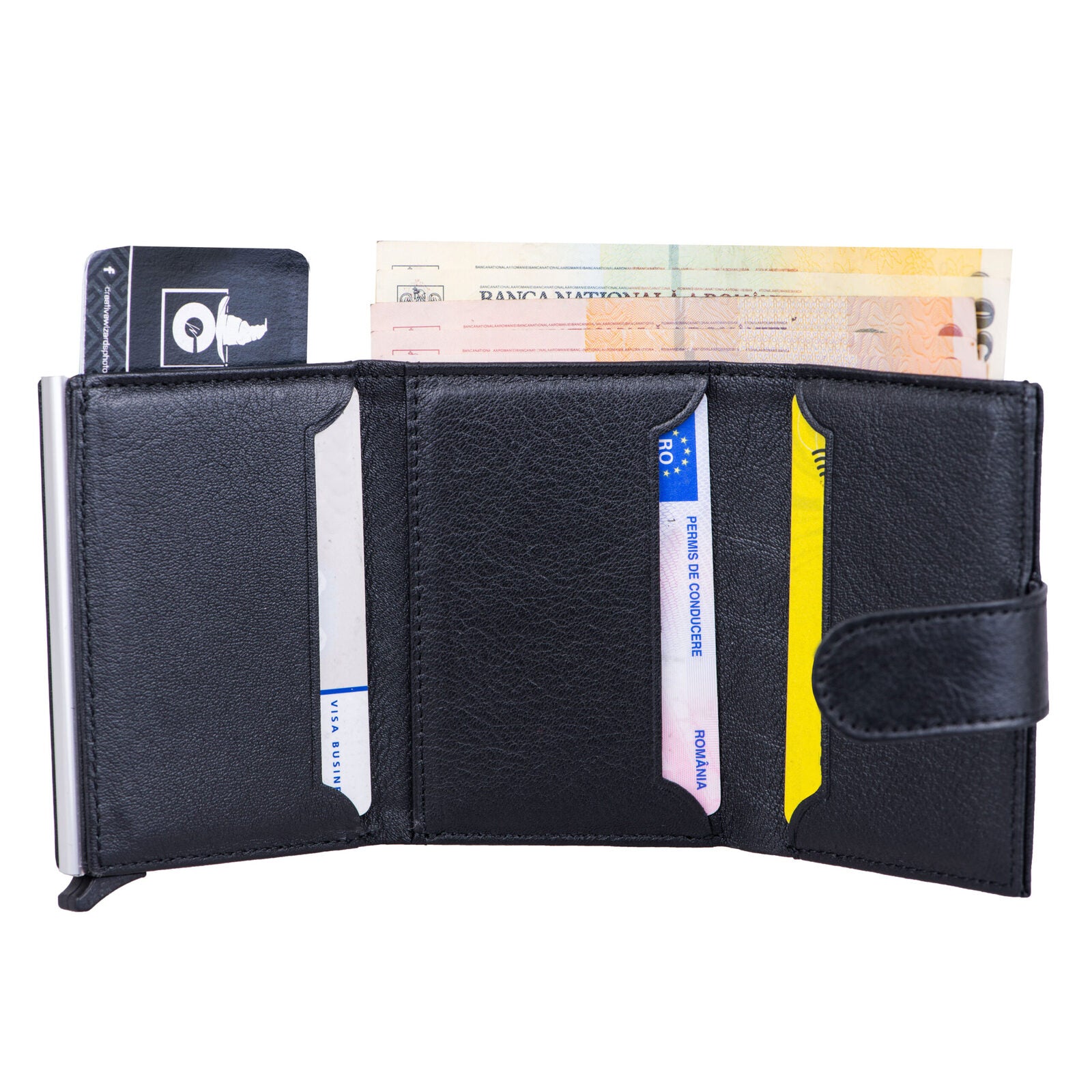 Мъжки кожен калъф за карти черен Master Slide Pro, RFID защита