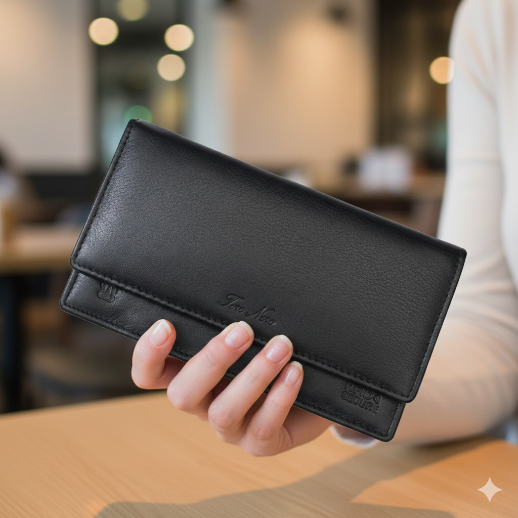 Дамско портмоне от естествена кожа, черно Cloudy, с RFID защита