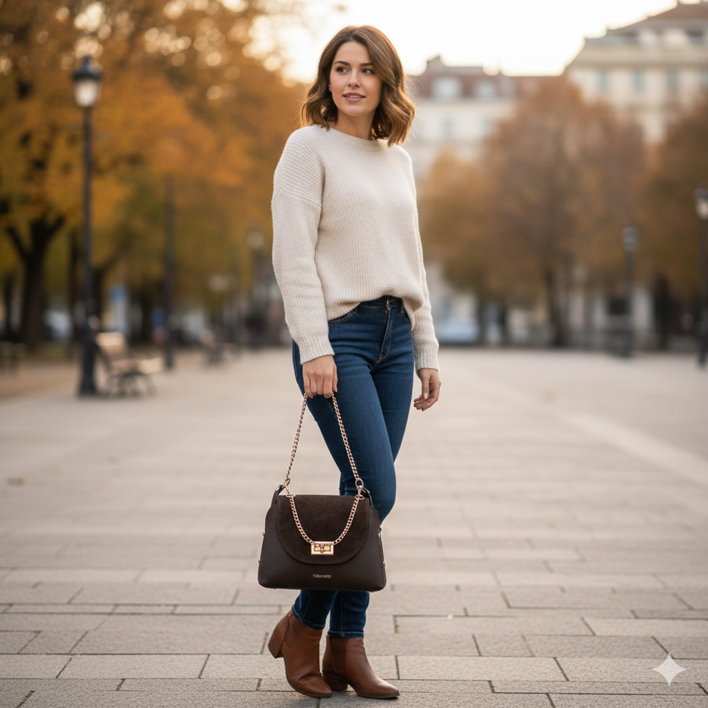 Дамска чанта от естествена велурена кожа, тъмнокафява Raisa