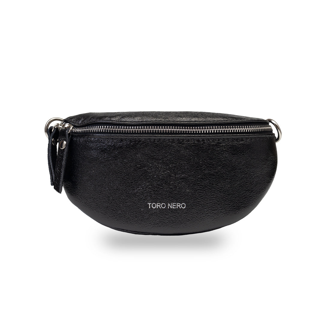 Borsetă damă din piele naturala negru sidefat Waist Glam